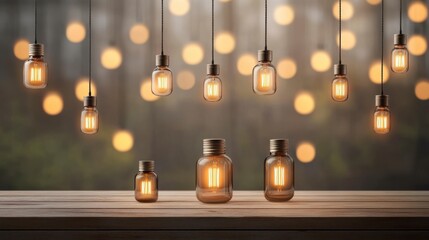 Elegant display of hanging lights and glowing jars on a wooden surface. Perfect for interior design and ambiance inspiration.