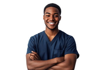 A male doctor or nurse, full depth of field, cut-out transparent or white background