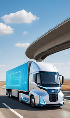 Fototapeta premium A futuristic hydrogen-powered truck driving across a highway, representing the future of clean energy and sustainable logistics with copy space.