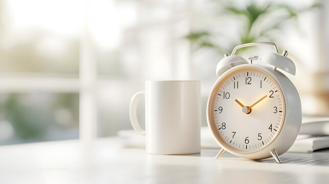 Morning routine glowing alarm clock and coffee mug