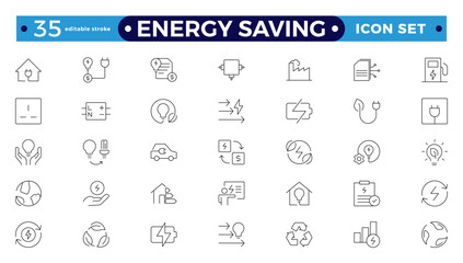 Energy Saving outline icon set with conservation, reduce waste, consumption, management, efficiency, gas emission and green house. Eco related icons. Editable stroke outline icon. 