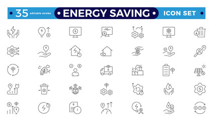 Energy Saving outline icon set with conservation, reduce waste, consumption, management, efficiency, gas emission and green house. Eco related icons. Editable stroke outline icon. 