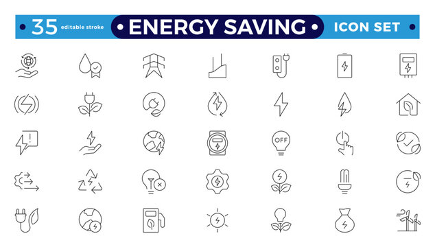Energy Saving outline icon set with conservation, reduce waste, consumption, management, efficiency, gas emission and green house. Eco related icons. Editable stroke outline icon. 