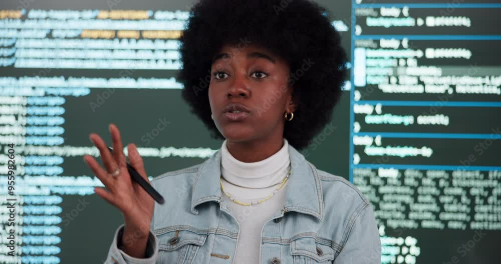 Poster Coding, presentation and workshop with black woman in office of web development company for coaching. Programming, screen and software with speaker in creative workplace for seminar on website design
