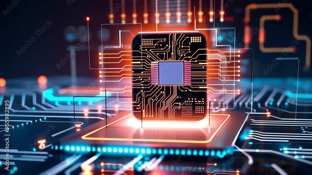 Poster a futuristic microchip on a neon-lit circuit board, representing advanced technology and innovation 