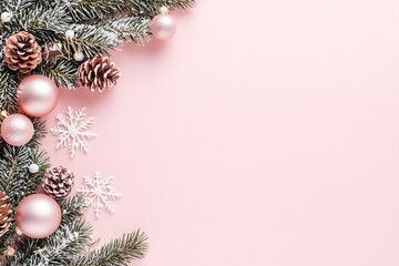 Pink background with white snowflakes, pink Christmas ornaments