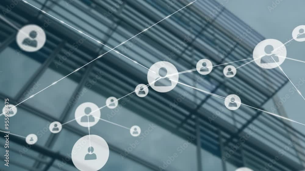 Poster network of connections and user icons animation over modern building background
