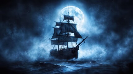 Fototapeta premium Mysterious Sailing Ship in Moonlit Foggy Night on the Ocean with Dramatic Lighting and Dark Atmosphere