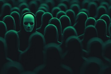 Obraz premium A conceptual image of a masked figure looking over a crowd, suggesting themes of surveillance, stalking, or criminal intent