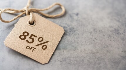 85% Off Sale Tag:  A rustic wooden tag with a twine bow, featuring the enticing "85% Off" message, perfect for showcasing incredible deals and promotions.  