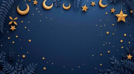Fototapeta premium Elegant Night Sky Background with Golden Stars and Crescent Moons on Dark Blue Paper Cut Design
