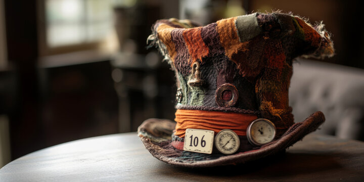 Mad Hatter’s hat with tiny clocks and ’10/6’ price tag. Blur background.
