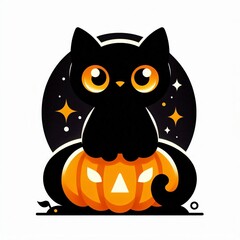 Obraz premium Flat Vector Black Cat Sitting on Black Pumpkin Halloween Themed with Jack-o-Lanterns