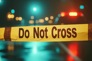 A conceptual image of a police line "Do Not Cross" tape, with a crime scene blurred in the background, capturing the theme of a violent crime investigation. 