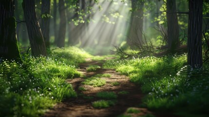 Fototapeta premium Sunlight Filtering Through Lush Green Forest with a Serene Pathway and Vibrant Foliage