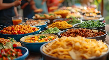Buffet Table with Variety of Mexican Dishes  Tacos  Rice  Salsa and Chips