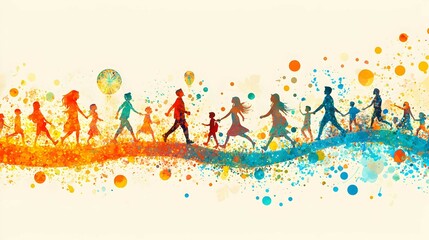 Obraz premium Colorful Watercolor People Silhouette Walking on a Wave