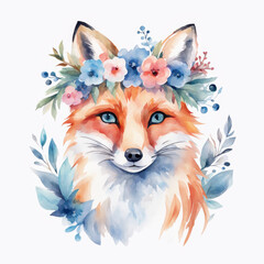 A charming watercolor illustration of fox adorned with floral crown, surrounded by delicate leaves, evoking whimsical and serene atmosphere.
