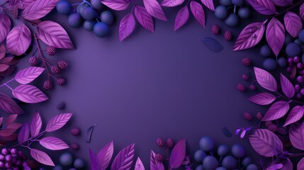 Fototapeta premium Vibrant Purple Leaves and Berries Frame on Dark Background - Nature Inspired Botanical Border