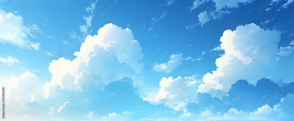 Wall mural tranquil blue sky with white clouds and large blank space, simple and clean background for calm atmo