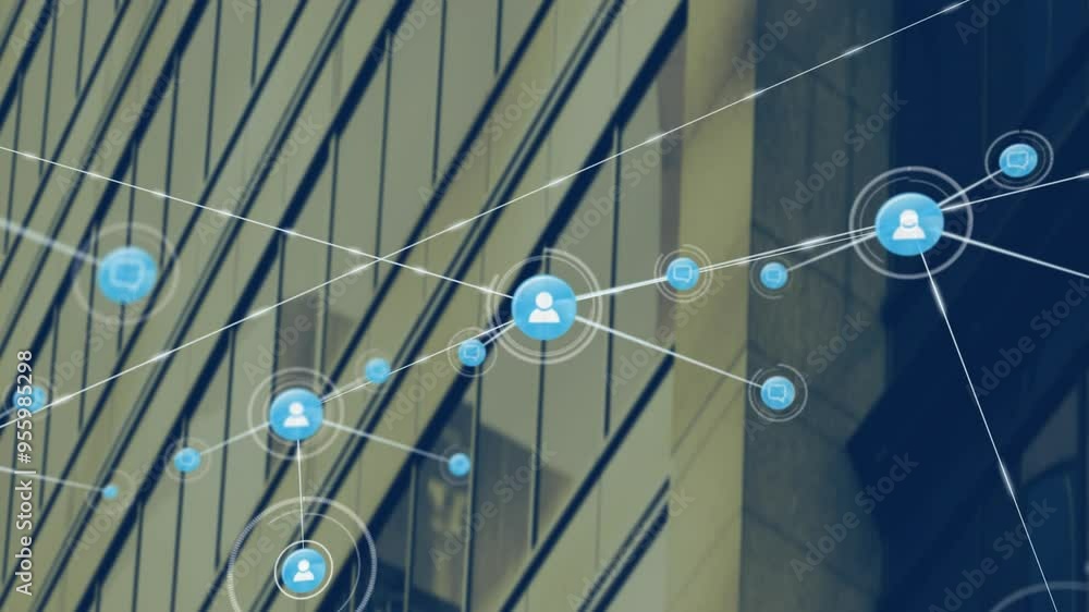 Poster network of connections and data processing animation over office building