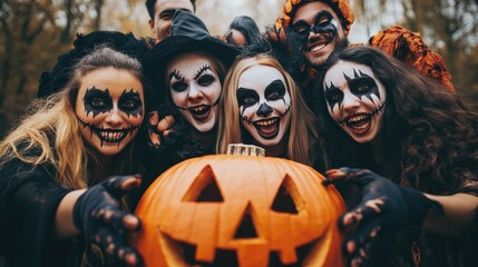Happy young people dressed up as different spooky characters, with scary makeup on faces having fun at Halloween costume party. Group portrait of adult friends with traditional smiley jack-o-lantern