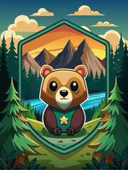 Cute Cartoon Bear in Mountain Landscape with Sunset