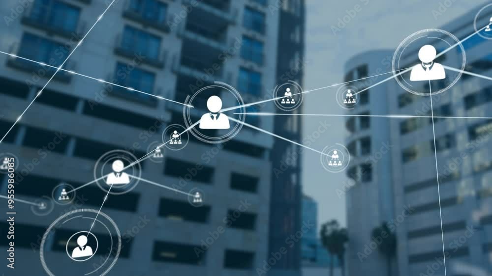 Poster network of connections and data processing animation over urban buildings background