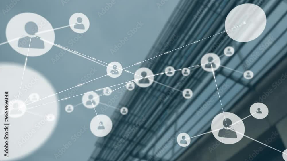 Poster network of connections and user icons animation over modern building background