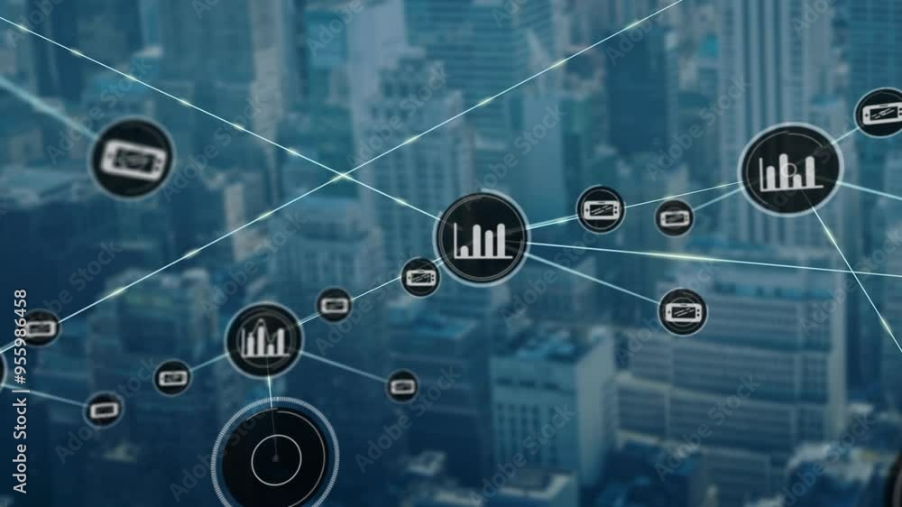 Poster network of connections and data processing animation over cityscape