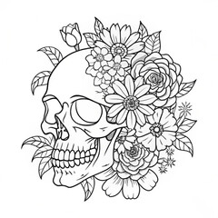 Intricate Skull and Floral Design for Coloring Books and Print-on-Demand T-Shirts