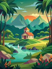 Obraz premium Scenic Mountain Landscape with a House and a Sailboat