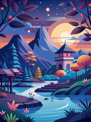 Serene Evening Landscape with Pagoda, Mountain, and River