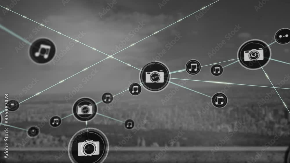 Poster network of multimedia icons and connections animation over cityscape background