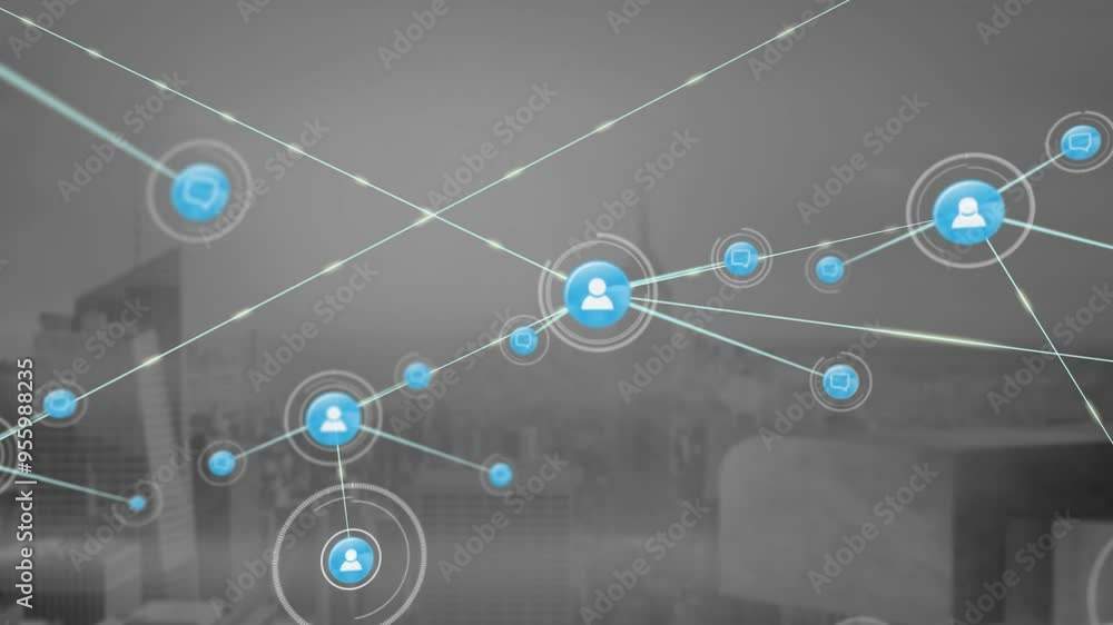 Poster network of connections and data processing animation over cityscape