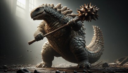 Fototapeta premium Fantasy Beast Wielding Spiked Club in a Barren Desert Landscape