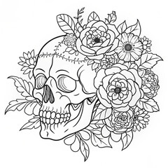 Intricate Skull and Floral Design for Coloring Books and Print-on-Demand T-Shirts