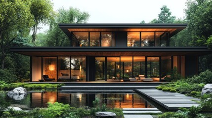 Modern house surrounded by lush greenery and a serene pond.