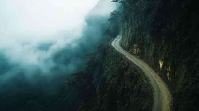 Yungas Road, seen from below with the road winding along the steep cliffs, surrounded by wild green trees, Ai generated images