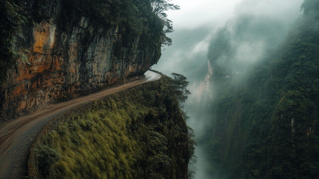 Yungas Road, seen from below with the road winding along the steep cliffs, surrounded by wild green trees, Ai generated images