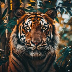 Fototapeta premium A majestic tiger gazes intensely through the jungle, sunlight illuminating its striking fur and captivating stripes in vivid detail
