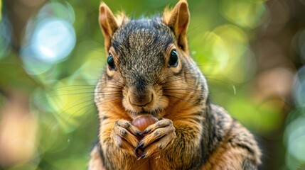Fototapeta premium A curious squirrel enjoys an acorn while surrounded by lush green foliage in nature's paradise