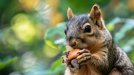 A curious squirrel enjoys an acorn while surrounded by lush green foliage in nature's paradise