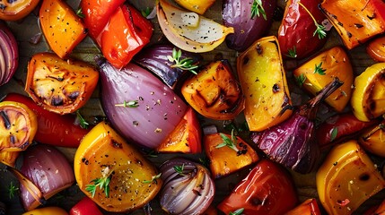 A full backdrop of vibrantly colored roasted fall vegetables