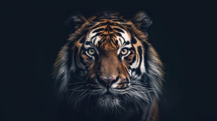 Fototapeta premium Majestic tiger gazes intensely in dramatic low-key lighting against a dark backdrop