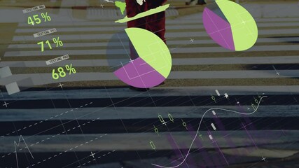 Pie charts and stock market data animation over people crossing street - Powered by Adobe