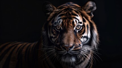 Fototapeta premium Majestic tiger gazes intensely in dramatic low-key lighting against a dark backdrop