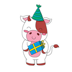 Adorable ilustración de vaca  celebrando cumpleaños con regalo azul y gorro verde