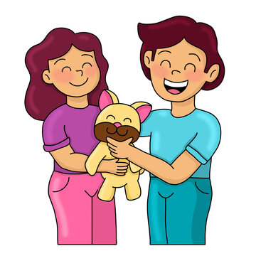 Ilustraci&oacute;n de pareja joven abrazando a su perro mascota