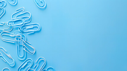 Blue Paper Clips on Light Blue Background with copyspace